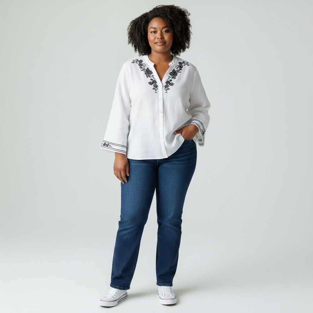 Emma & James Embroidered Linen Blend Button Down Top